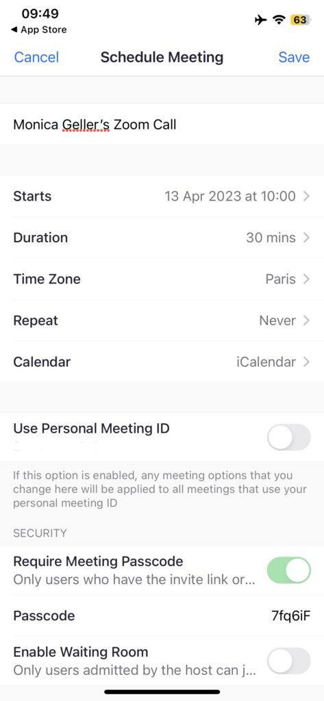 Schedule a Meeting page for the Zoom mobile app. 