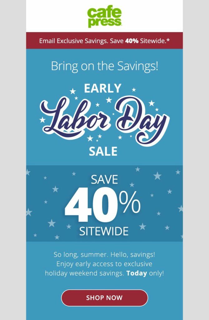 Labor Day email with a blue banner with white stars that says "Labor Day sale, save 40%". 