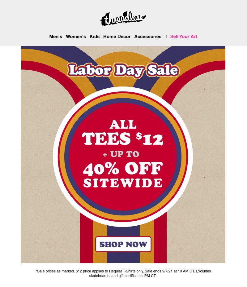 Labor Day email for a sale on tshirts. It has red white and blue in a '60s style and says "Labor Day Sale". 