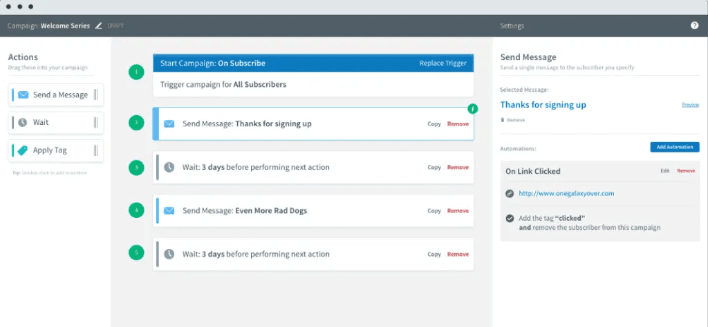 Screenshot of example workflow automation for email marketing on Aweber, a cheap email marketing service. 