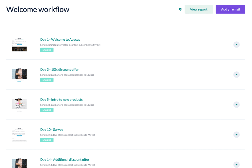 Screenshot of a welcome email workflow by EmailOctopus, a cheap email marketing service. 