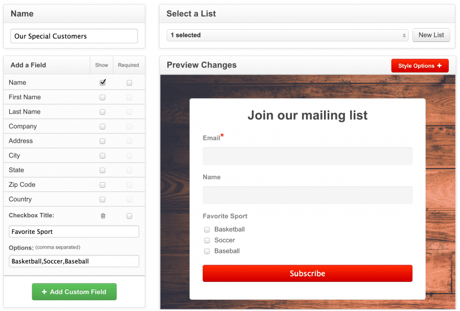 Screenshot of a sign-up form builder by Red Cappi, a cheap email marketing service. 
