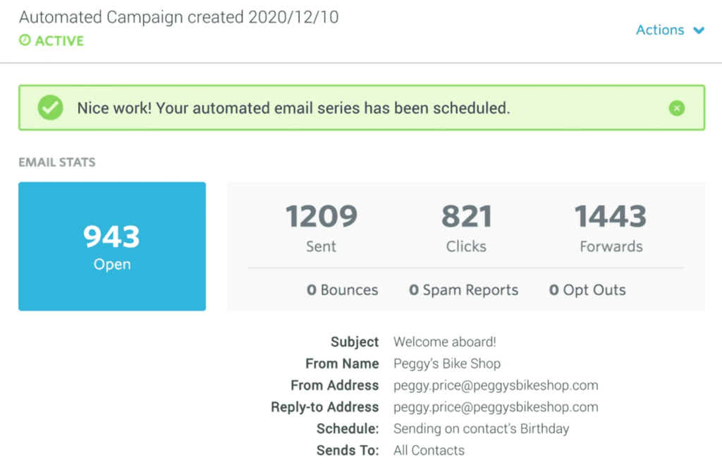 Screenshot of automated email campaign scheduling on Constant Contact.