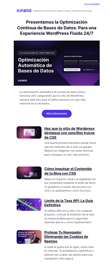 Ejemplo de newsletter: Kinsta.