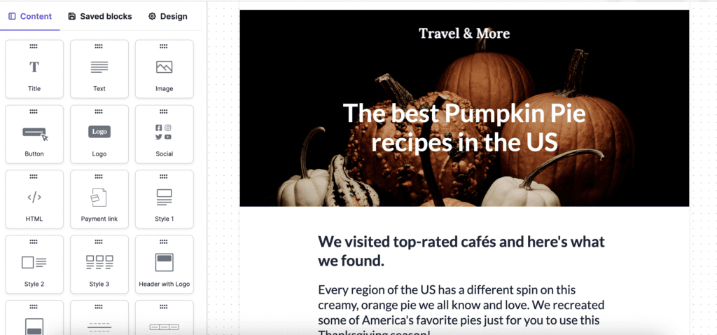 This Thanksgiving or fall holiday email template editor shows a pumpkin patch image to the right and email editing tools to the left. 