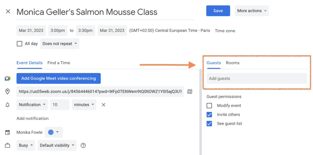 Adding guests to a Zoom meeting in Google Calendar.