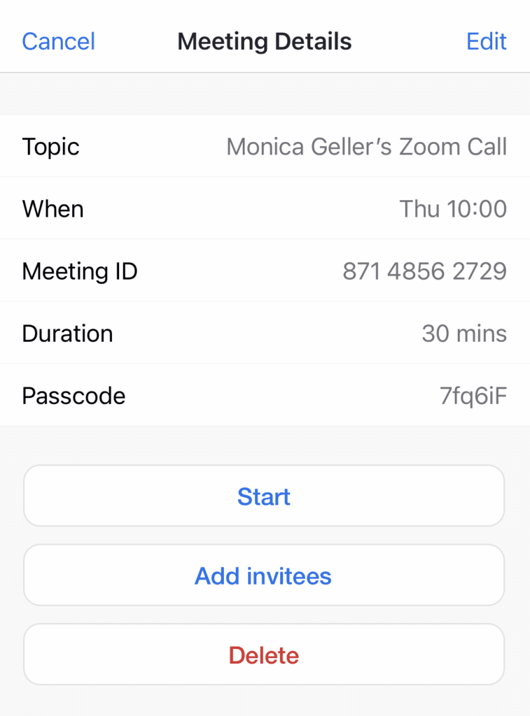 Meeting details window for Zoom on iOs/Android. 