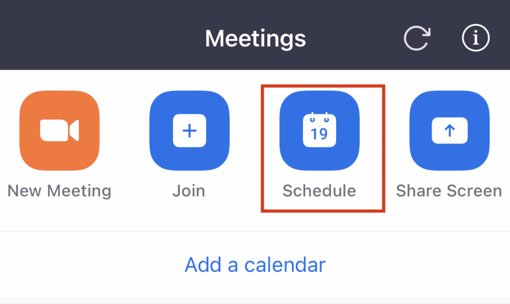 Schedule a meeting button on Zoom for iOs/Android. 
