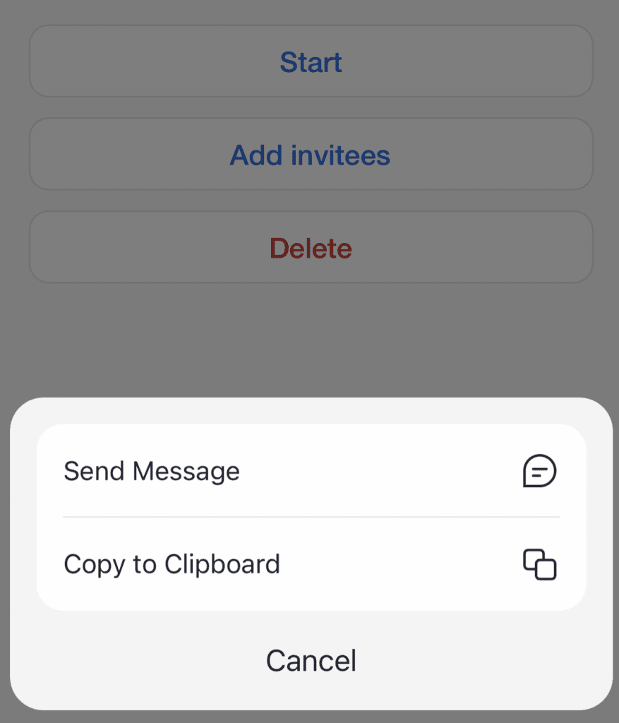 Send a message options on the Zoom mobile app. 