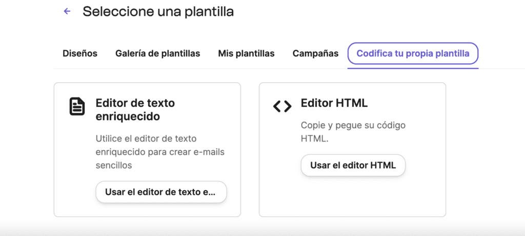 Selección de editor html para plantillas de email.