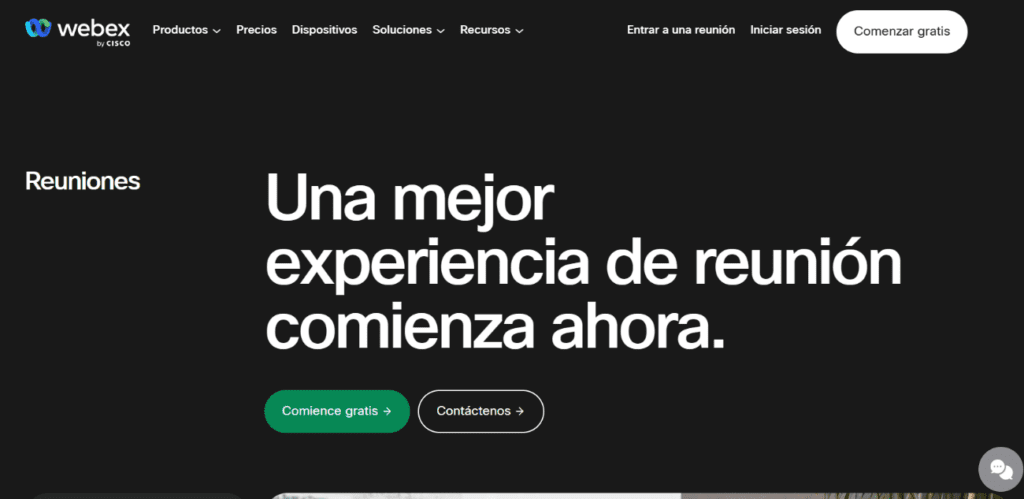 Home page de Webex, programa de videoconferencias alternativo a zoom