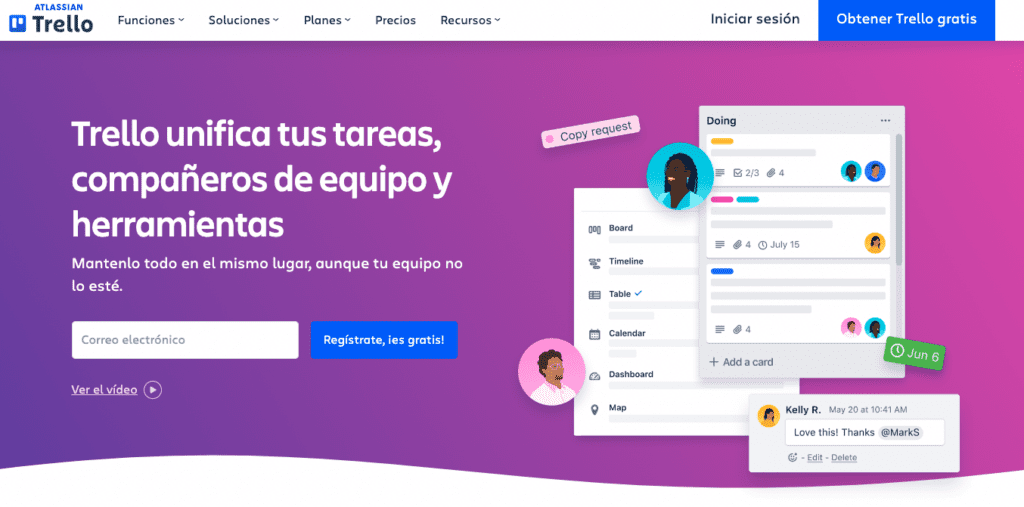 Captura de pantalla de Trello, plataforma que permite unificar tareas y administrar proyectos.