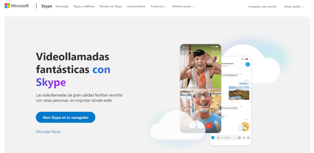 Landing page de Skype, una alternativa gratuita a zoom 