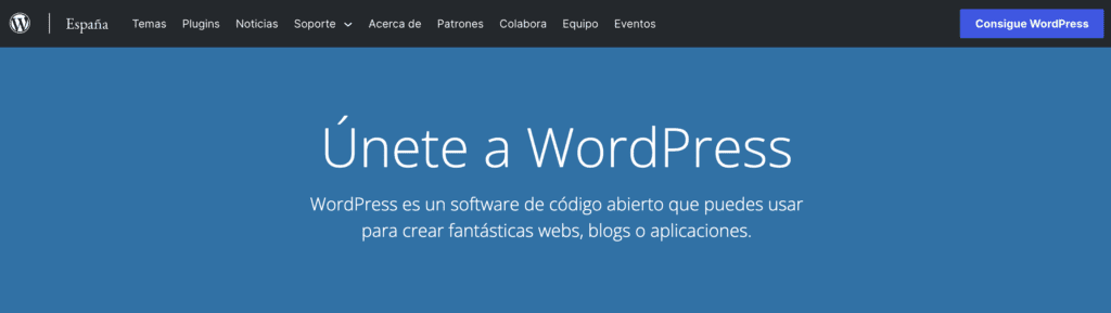 Homepage de WordPress, software de código abierto para crear webs sin saber programar.